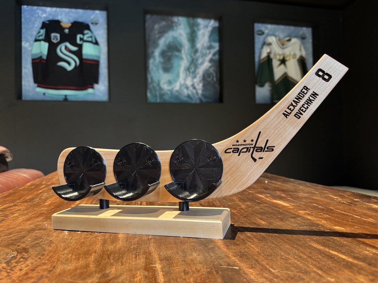 Hat Trick Holder – Freestanding 3-Puck Display with Team & Player Engraving-SQ8754092