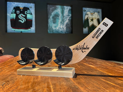 Hat Trick Holder – Freestanding 3-Puck Display with Team & Player Engraving-SQ8754092