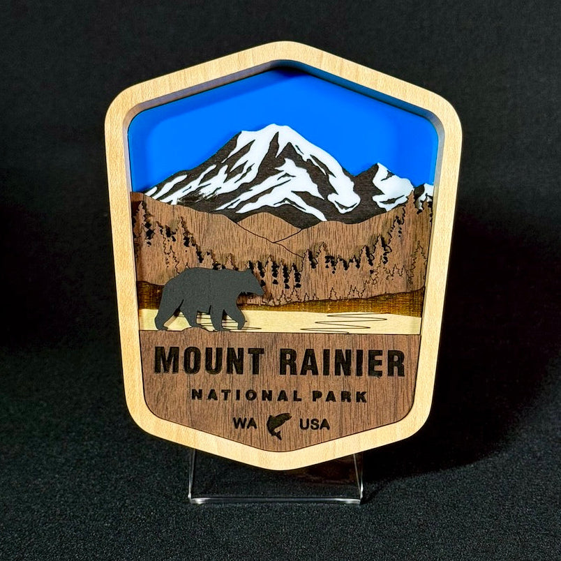 Mount Rainier Sculpture – Elevation Series Layered Wood Artwork
