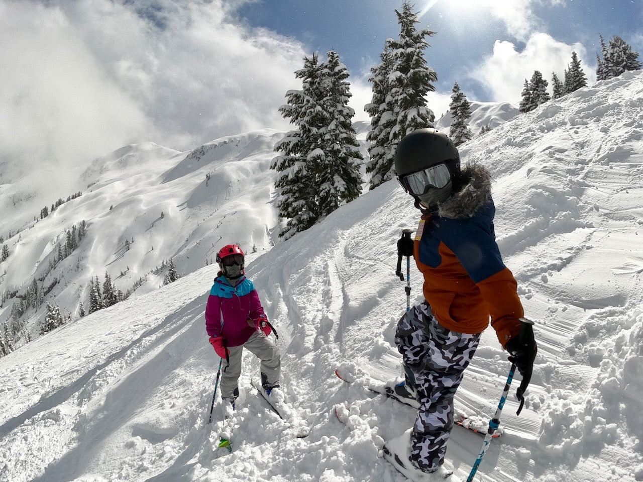 Two skiers on a snowy mountain with trees and blue sky.